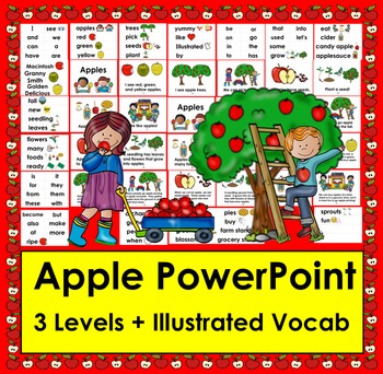 Apples POWERPOINT -3 Reading Levels + Illustrated Vocab. Slides- Back to School