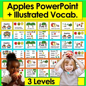 Preview of Apples POWERPOINT - 3 Reading Levels + Illustrated Vocab. Slides Back to School