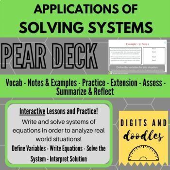 Preview of Applications: Systems of Equations: Writing & Solving- Pear Deck & Student Notes