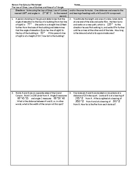 Preview of Applications of Area Formulas & The Laws of Sines & Cosines Worksheet