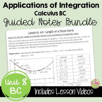 Preview of Applications of Integration Guided Notes (BC Version - Unit 8)