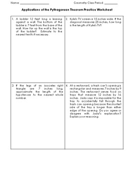 Preview of Applications of Pythagorean Theorem Worksheet + Answer Key