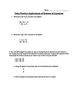 Preview of Applications of Systems of Equations Notes (substitution & elimination)