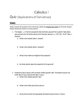 Preview of Applications of derivatives quiz