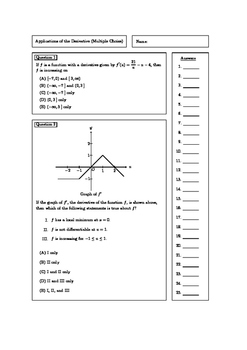 Preview of Applications of the Derivative (Multiple Choice)