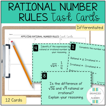 Preview of Applying Rational and Irrational Number Rules Task Card Activity (N.RN.3)
