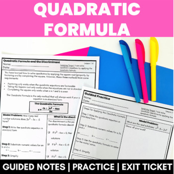 Preview of Applying the Quadratic Formula Algebra Guided Notes Practice Exit Ticket Sped
