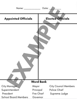 Preview of Appointed vs. Elected Officials Sort