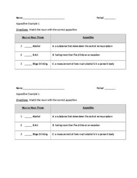 Preview of Appositive Alcohol term worksheet