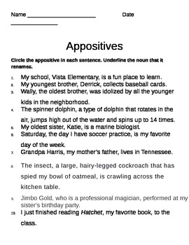 Appositive Worksheet by Gerald Gocken II  Teachers Pay Teachers