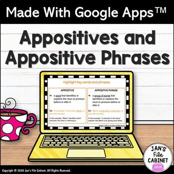 Preview of Appositives and Appositive Phrases Lesson and Practice GRADES 4-7 Google Apps