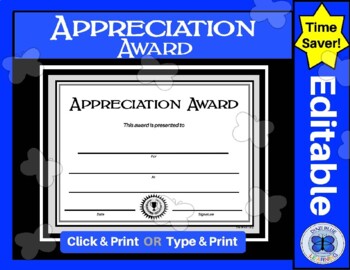 Appreciation Award Certificate - Editable by Diazi Blue Learning