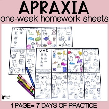 Preview of Apraxia Homework Color Sheets for Speech Therapy