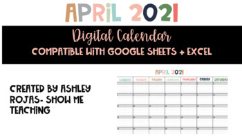 Preview of April 2021 DIGITAL Calendar for Excel + Google Slides