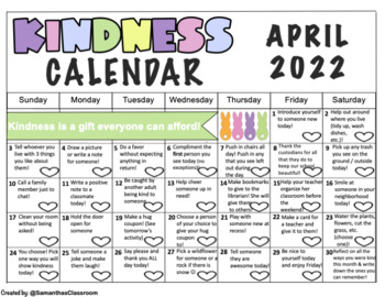 Preview of April 2022 Kindness Calendar (Editable)