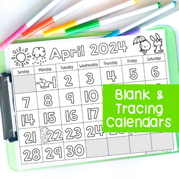 Preview of April 2024 Calendar Activities, Number Tracing + Blank Calendar Templates