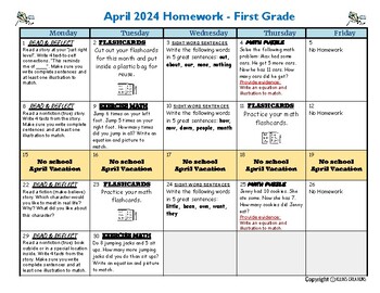 Preview of April 2024 Homework Calendar (with Math Flashcards!)
