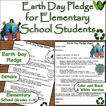 Preview of April 22nd Earth Day Pledge Sheet for Elementary School Student/Promise
