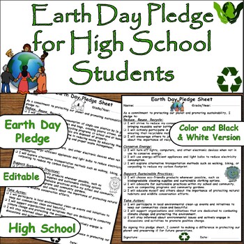 Preview of April 22nd High School Earth Day Pledge Sheet : Commit to Sustainability!