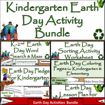 Preview of April 22nd Kindergarten Earth Day Bundle: Lesson Plan, Coloring, Puzzle, Pledge