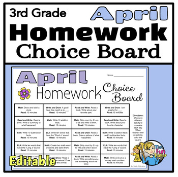 Preview of April 3rd Grade Homework Choice Board - Engaging Daily Activities