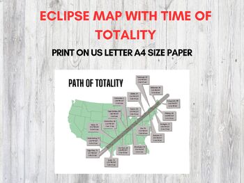 Preview of April 8th Solar Eclipse Path of Totality Map with City, Time, and Duration