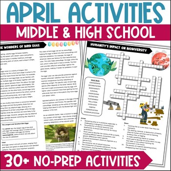 Preview of April Activities Puzzles Sub Plans Middle & High School - 6th 7th 8th 9th Grade