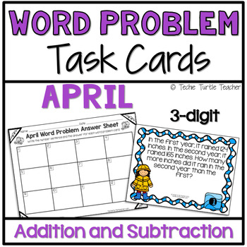 Preview of April 3-Digit Addition & Subtraction One Step Word Problem Task Cards for Spring