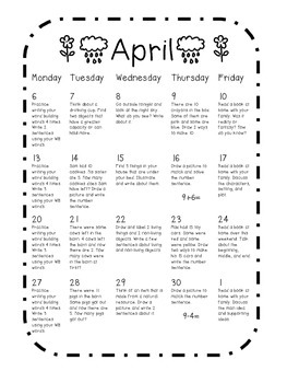 kindergarten homework calendar april