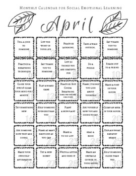 Preview of April Calendar of Social Emotional Learning Activities