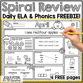 Preview of ELA Spiral Review for First Grade Morning Work | April Worksheets FREEBIE