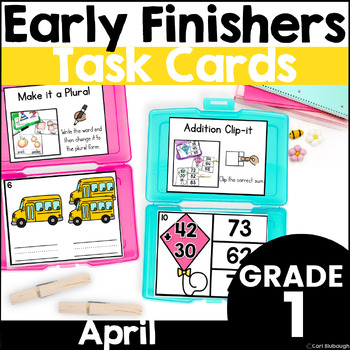 Preview of 1st Grade Early Finisher Spring Phonics and Math Task Card Boxes for April