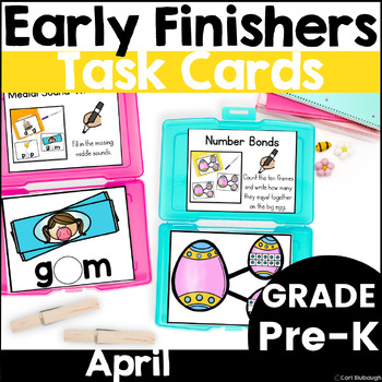 Preview of Pre-K Early Finisher Spring Activity Phonics and Math Task Card Boxes for April