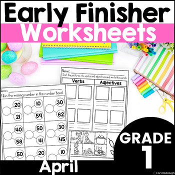 Preview of April Early Finisher Phonics and Math Spring Worksheet Packet for 1st Grade