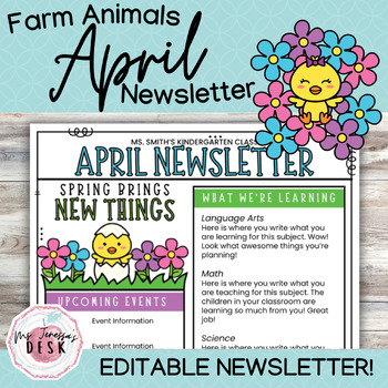 Preview of April Farm Newsletter Template *Editable: Hatching Chick from Egg with Flowers