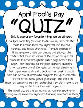 Preview of April Fool's Day Activity - Following Directions "Quiz"