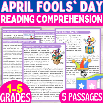 Preview of April Fools Day Reading Comprehension Passages & Questions Activities Grades 1-5