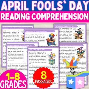 Preview of April Fools Day Reading Comprehension Passages & Questions Activities Grades 1-8