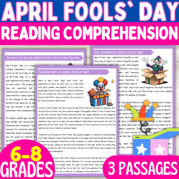 Preview of April Fools Day Reading Comprehension Passages & Questions Activities Grades 6-8