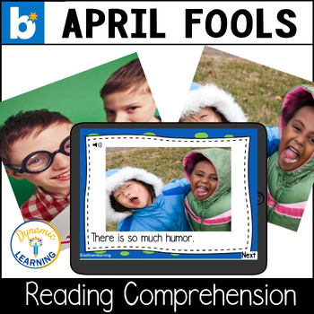 Preview of April Fools Reading Comprehension, Vocabulary and Phonics Boom Cards with Audio