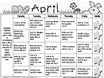 april homework calendar kindergarten