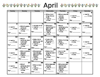 kindergarten homework calendar april