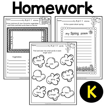 April Literacy and Math Worksheets for Kindergarten Homework | TPT