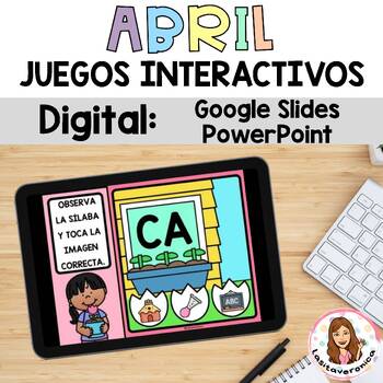 Preview of April Math & Literacy Digital Games. Juegos interactivos Spanish. Primavera