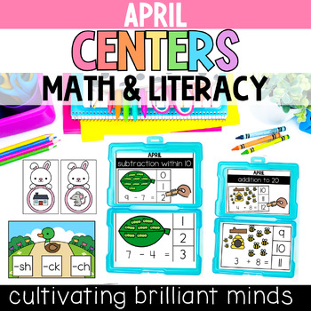 Preview of April Math and Literacy Centers | Spring | Kindergarten, First Grade