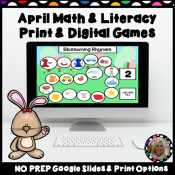 Preview of April Math and Literacy Print AND Digital Games for Google Slides