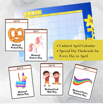 Preview of April National Days Flashcards and FREE Undated April Printable Calendar