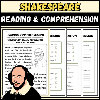 Preview of April National Poetry Month William Shakespeare Reading Comprehension Passage