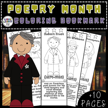 Preview of April National Poetry Month coloring bookmark, ,Famous Poets Bookmarks! April Ac