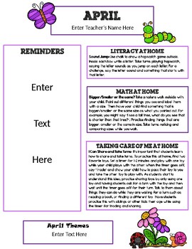 Preview of April Newsletter Template with Home Connections for Preschool